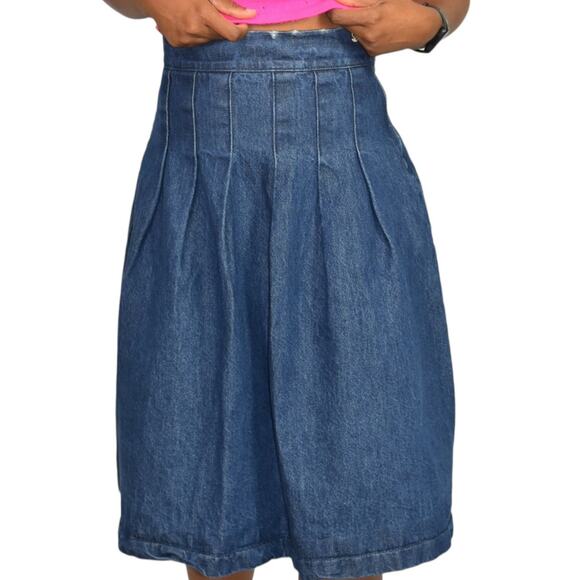 Kaos Denim Skirt Blue Jean Midi Pleats Flare Rigid Medium Wash High Waist Size 4 - Picture 10 of 15